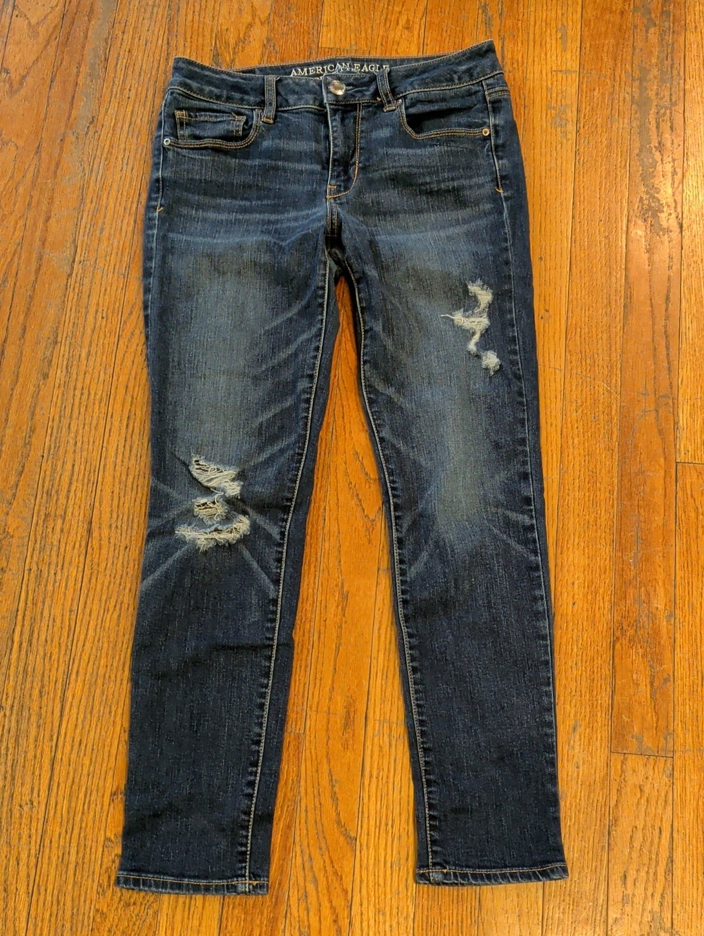 American Eagle Outfitters Dark Wash Distressed Ladies' Skinny Jeans - Blue
